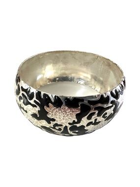 Unique Vintage Black and Silver Floral Cutout Bangle Bracelet